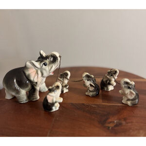 Vintage Ceramic Elephant Chain Family 5 Babies/Mom Japan RARE EXC.